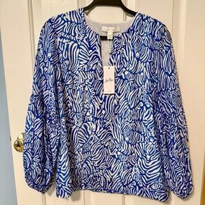 Lilly Pulitzer Blue & White Printed Long Sleeve Blouse NWT